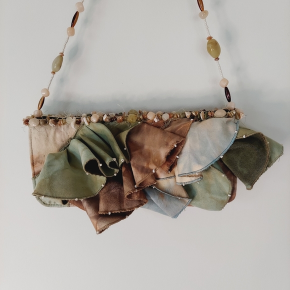 Mary Frances Suede Ruffled Handbag Handcrafted Earth Tones Beaded Strap - Picture 2 of 13
